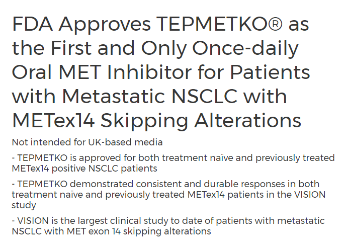 FDA批準Tepmetko治療METex14突變非小細胞肺癌